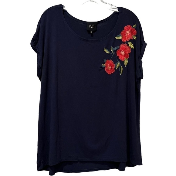 Anthropologie W5 XL Navy Blue Embroidered Red Rose Detail Blouse O - Picture 2 of 6